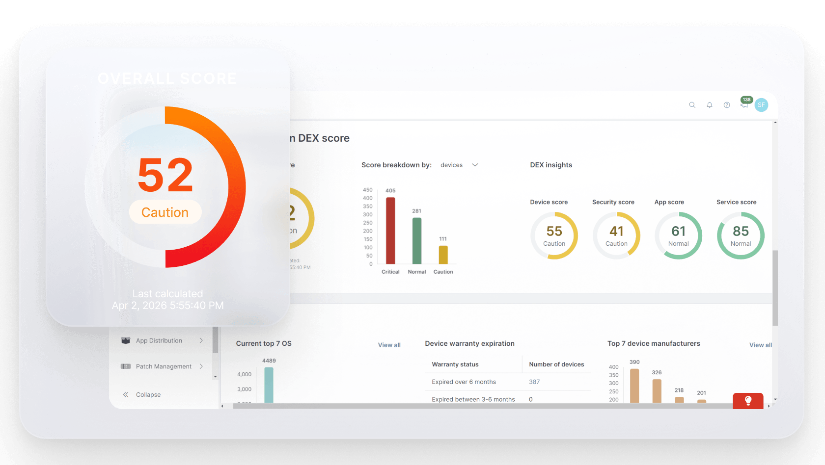 Ivanti Neurons Digital Employee Experienceダッシュボード。全体的なDEXスコア、デバイス正常性インサイト、セキュリティ、アプリケーション、サービスのスコアに加え、デバイスインベントリと保証分析を表示しています。