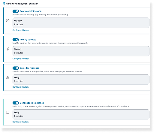 Ivanti Patch Management 界面显示自动化 Windows 部署行为,并提供可配置的更新计划,支持托管端点上的例行维护、优先级更新、零日响应和持续合规。