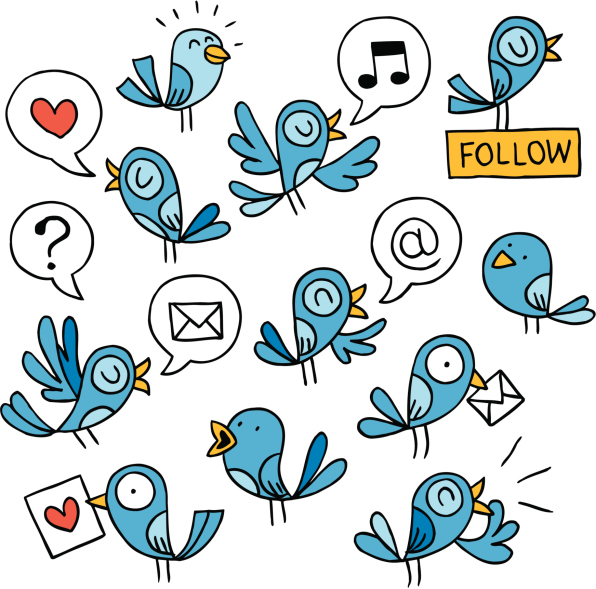follow us on twitter graphic - features a bunvh of blue twitter birds