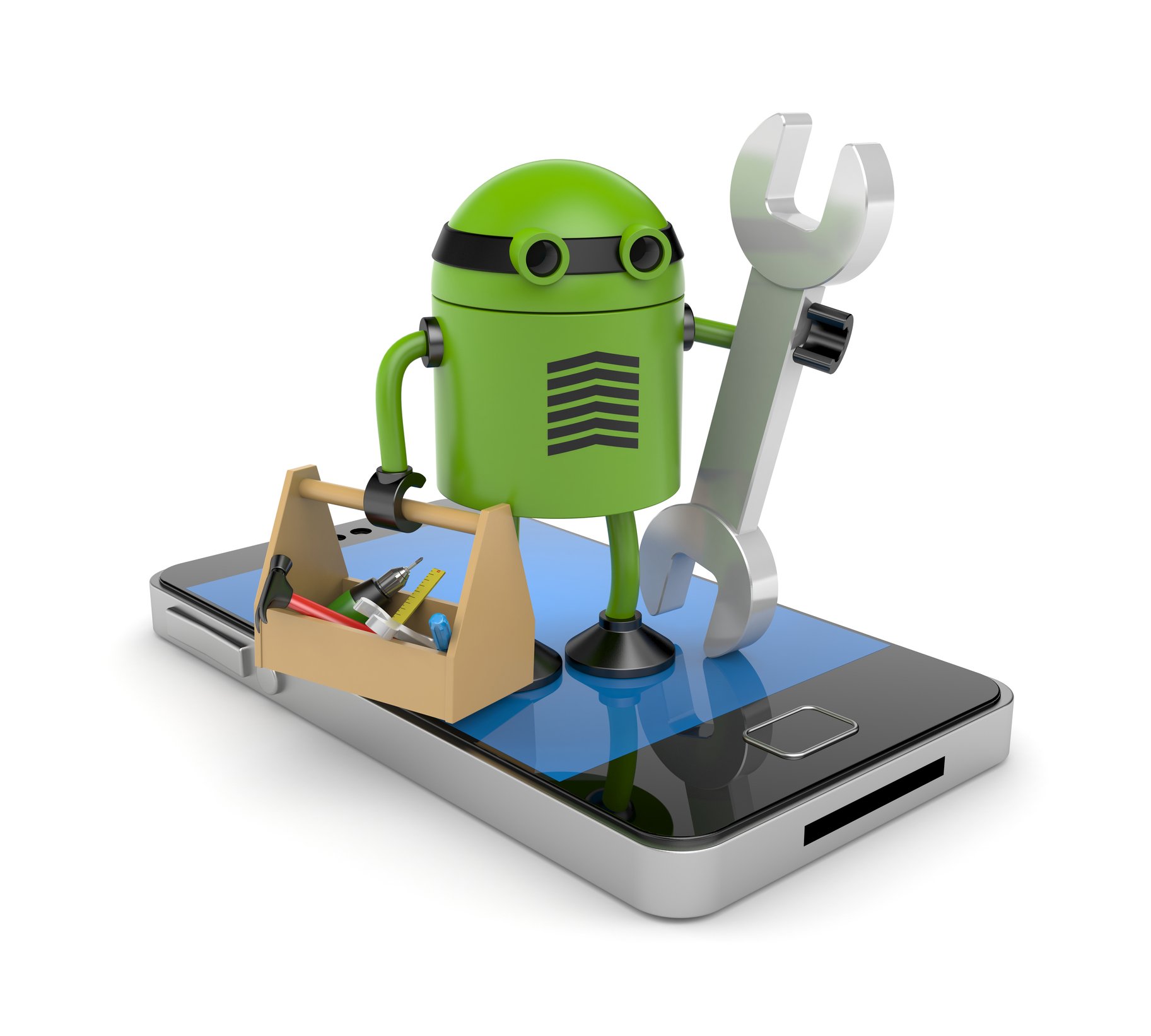 android character holding wrench and tools on smartphone