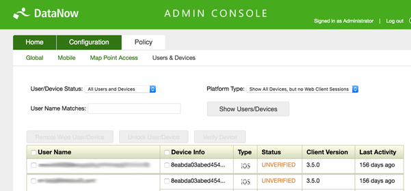 DataNow admin console policy page screenshot