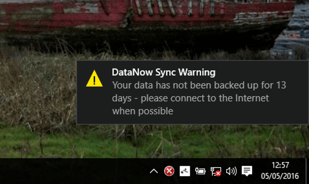 DataNow sync warning notification screenshot