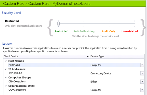MyDomain security level devices screenshot
