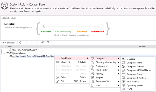 custom rule > custom rule. security level - conditions screenshot