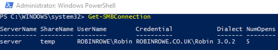 administrator: Windows PowerShell. get smbconnection screenshot