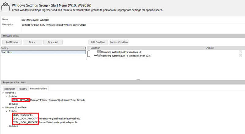 windows settings group - start menu (W10) (WS2016) - managed items - screenshot