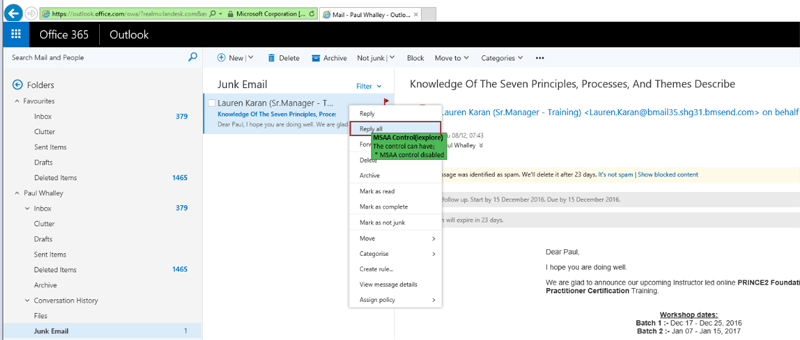 office 365 outlook junk email - reply all screenshot