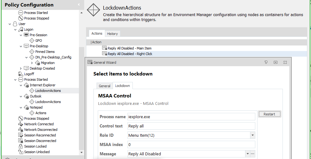 policy configuration - lockdown actions - general wizard screenshot
