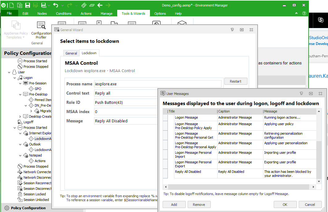 environment manager - tools and wizard - user messages screenshot