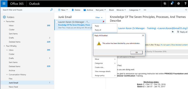 outlook office 365 junk email screenshot