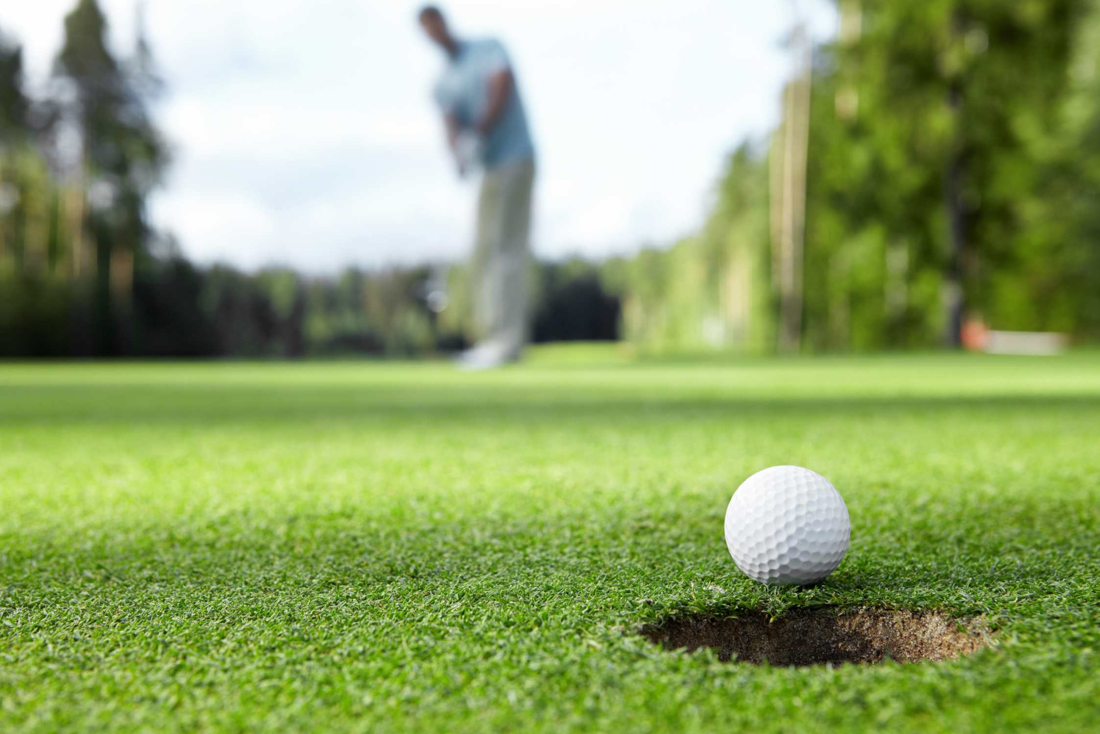 man putting on green, ball about to go in hole