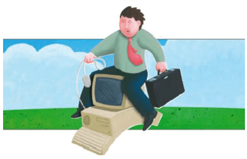 cartoon business man riding a computer like a horse