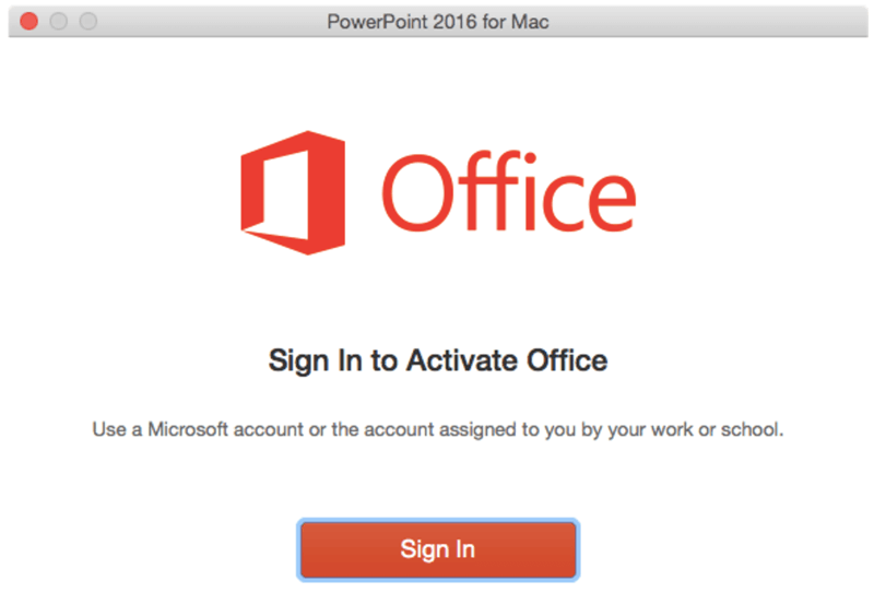 powerpoint 2016 for Mac - sign in to activate office screenshot
