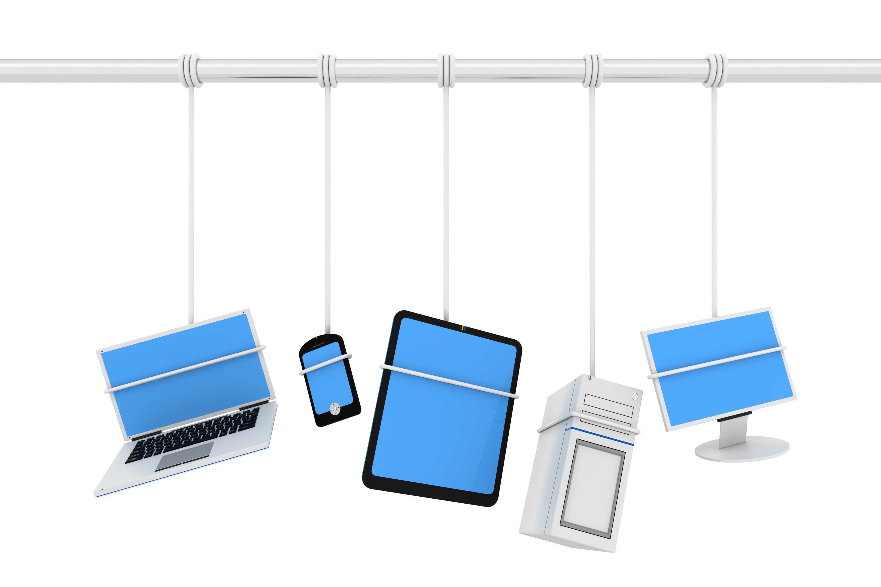 A group of electronic devices suspended by a string undergoes a windows 10 migration.