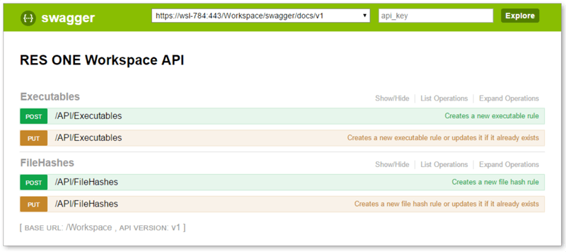 swagger - RES ONE workspace API - executables and FileHashes screenshot