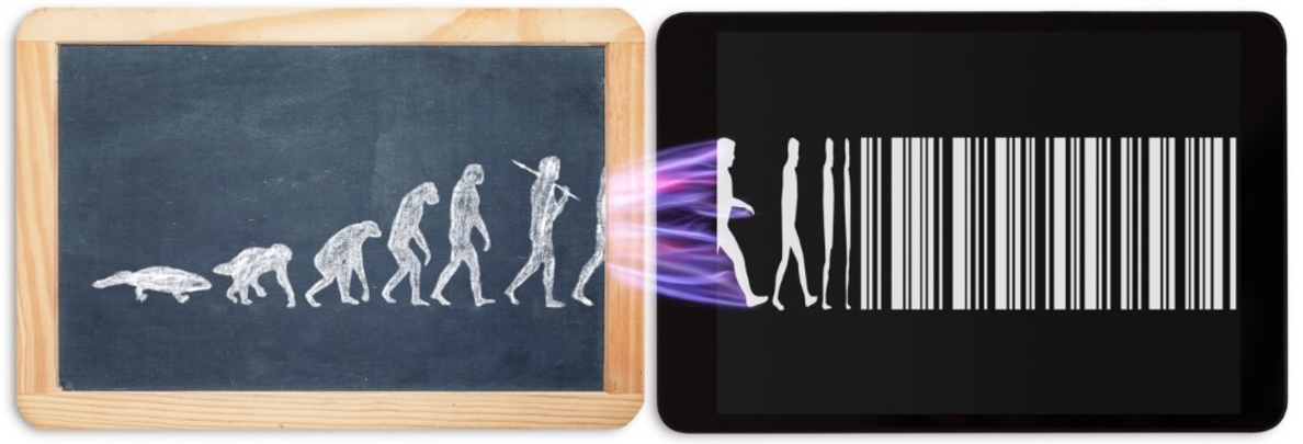 evolution of man drawn from chalkboard onto tablet screen