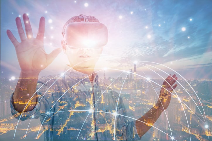 tech graphic w man using virtual reality glasses