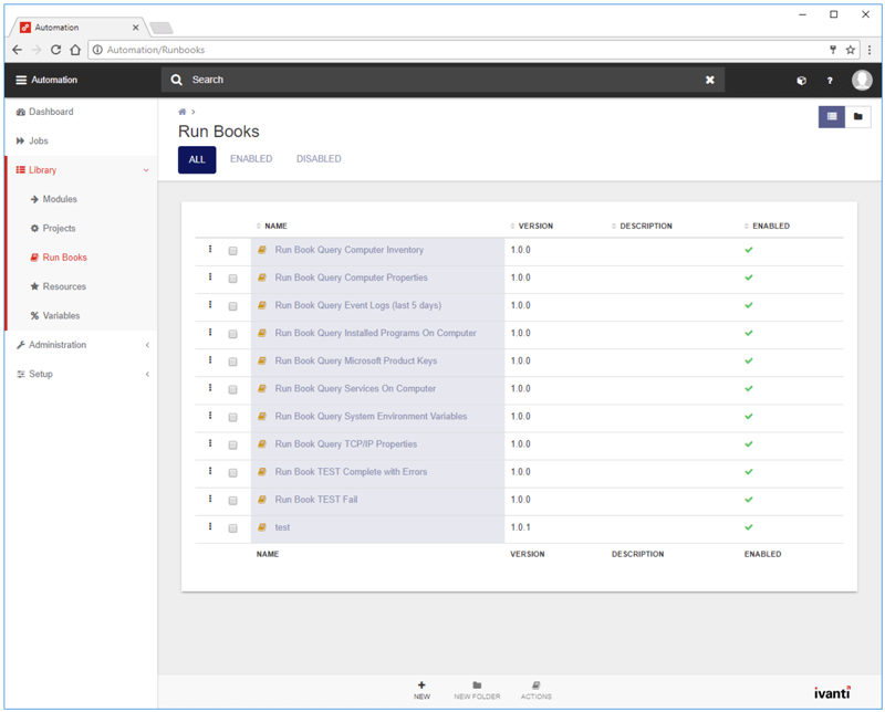ivanti automation - library - run books screenshot