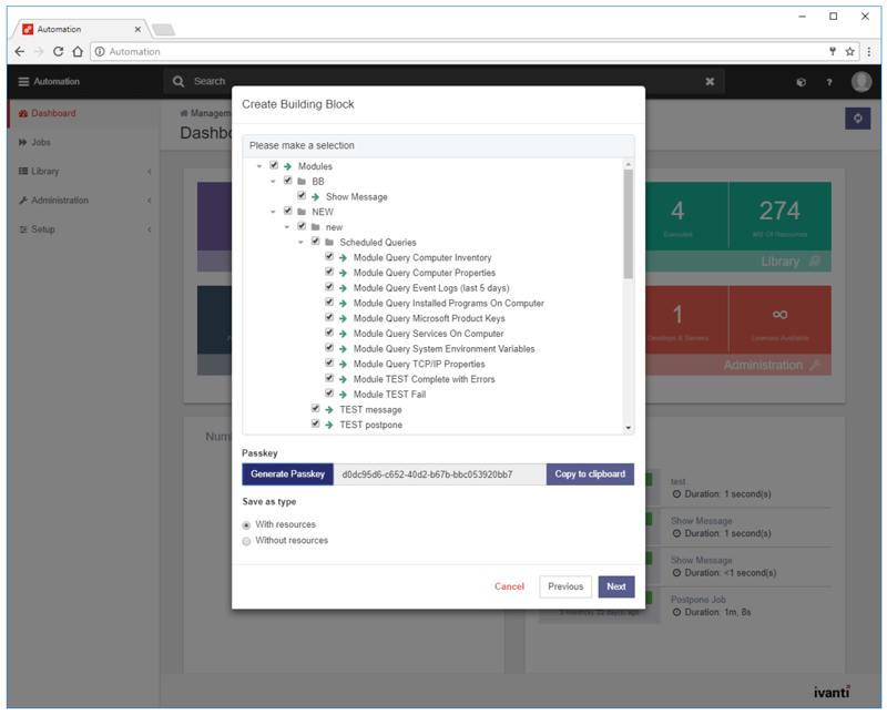 ivanti automation - dashboard - create building block screenshot