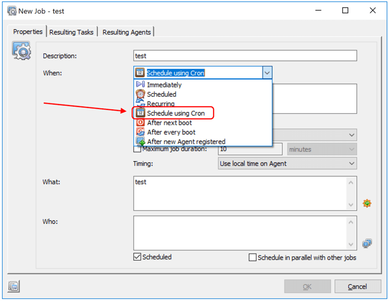 new job - test - properties - schedule using cron screenshot