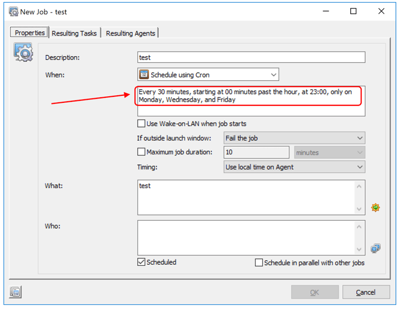 new job - test - properties - selecting a cron schedule screenshot