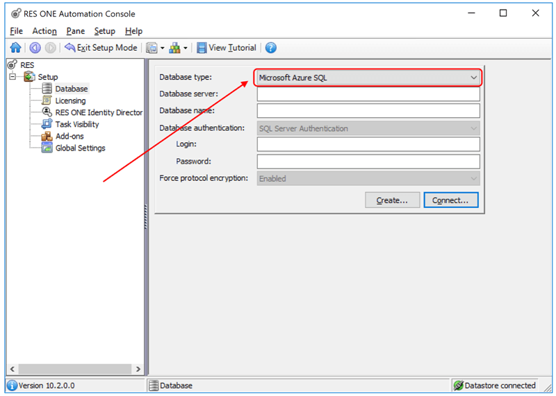 RES one - automation - setup - database - microsoft azure SQL