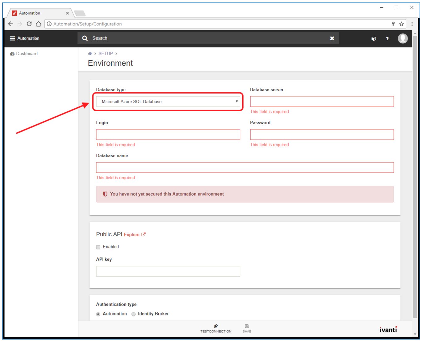 automation - dashboard - setup - environment - database type - microsoft azure screenshot