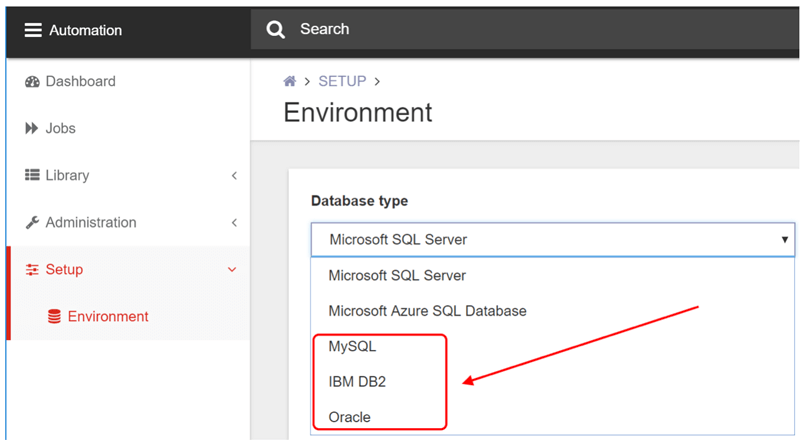 automation - dashboard - setup - environment - database type - microsoft sql server screenshot