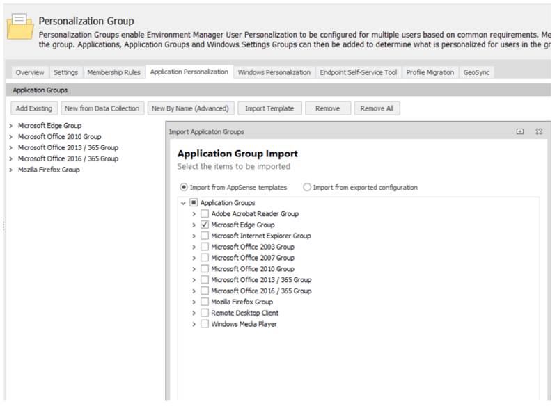 personalization group - application group import