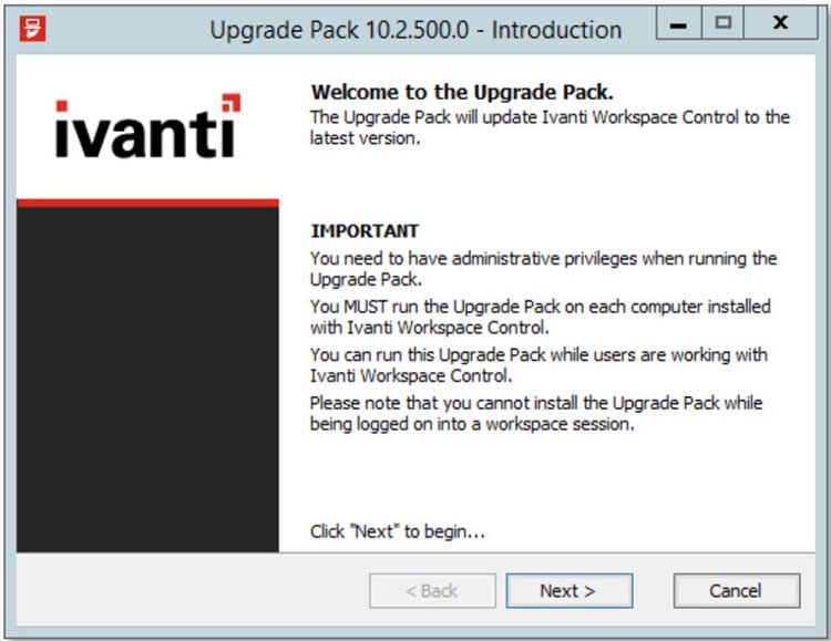ivanti upgrade pack - introduction screenshot
