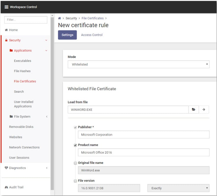 workspace control - file certificates - security - rules screenshot