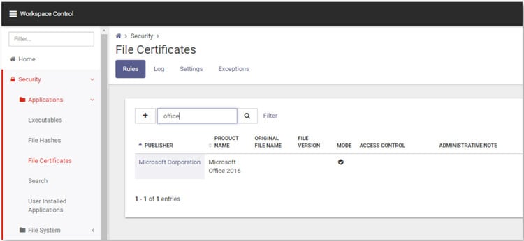 workspace control - file certificates - security - rules screenshot