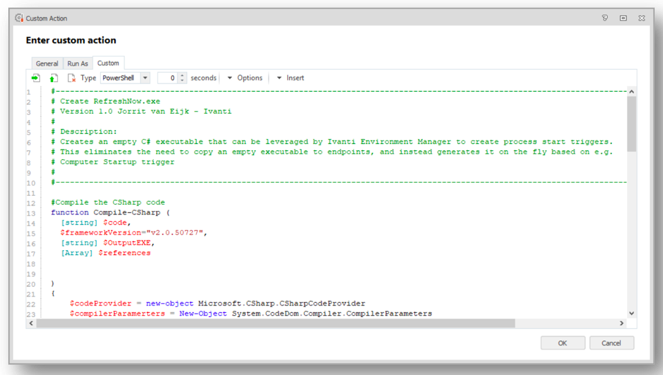 enter custom action - powershell screenshot