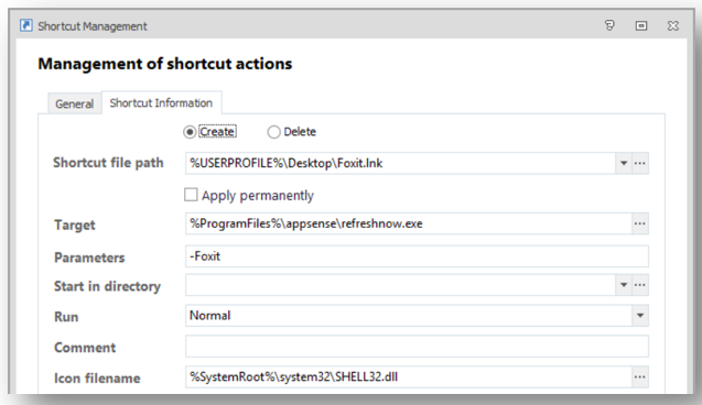 shortcut management - shortcut information - create - screenshot