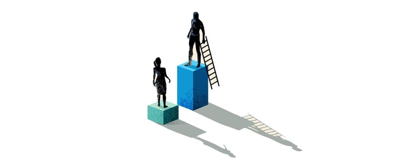 man on higher podium than woman, while holding ladder