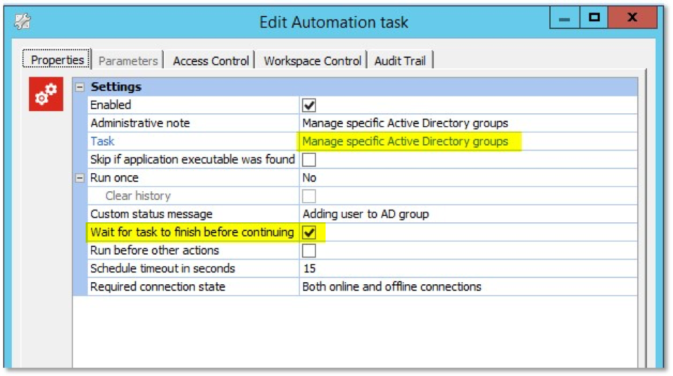 edit automation task - settings - properties - screenshot