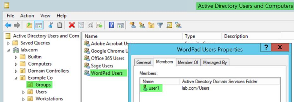 active directory users and computers - groups - wordpad users properties - members - screenshot