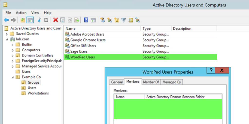 active directory users and computers - groups - wordpad users properties - members - screenshot