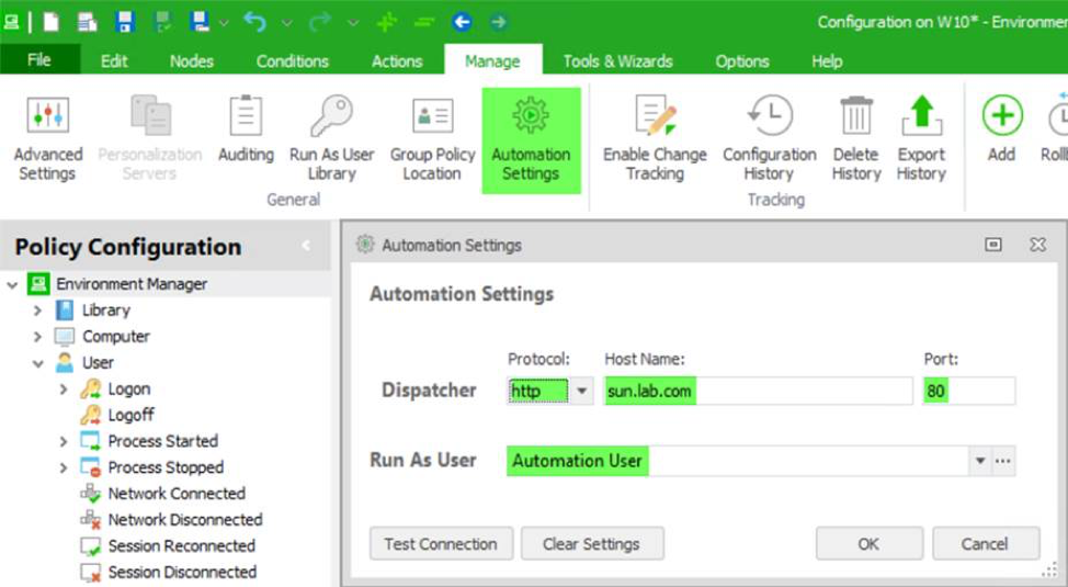 configuration on W10 - environment manager - automation settings - policy configuration - screenshot