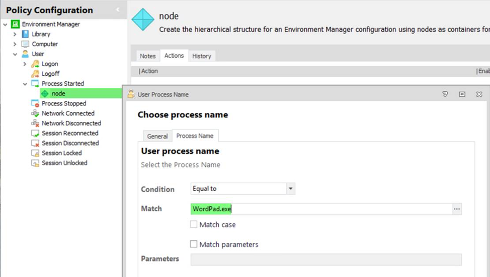 policy configuration - node - user process name - screenshot