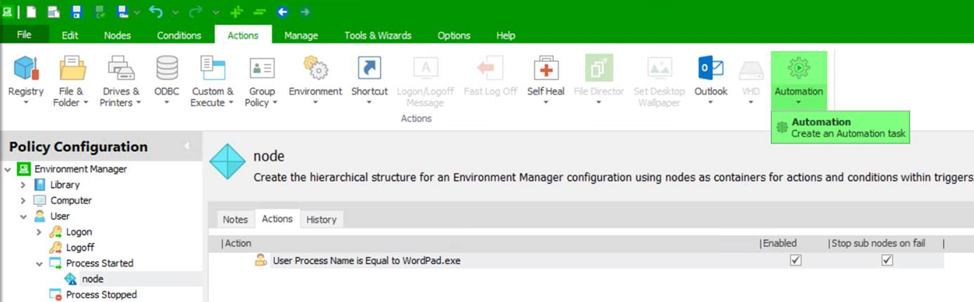 file - actions - policy configuration - node - create an automation task - modules - screenshot