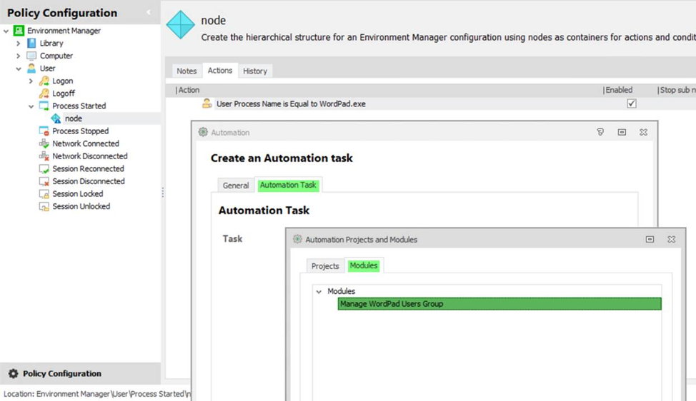 file - actions - policy configuration - node - automation screenshot