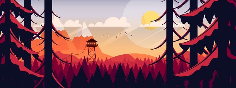 lookout tower/treehouse graphic in forest w mountains behind tower