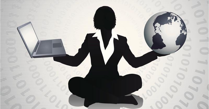 woman balancing globe in right hand and laptop in left while meditating