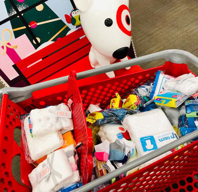 photo of a full cart at Target w their mascot dog statue in back