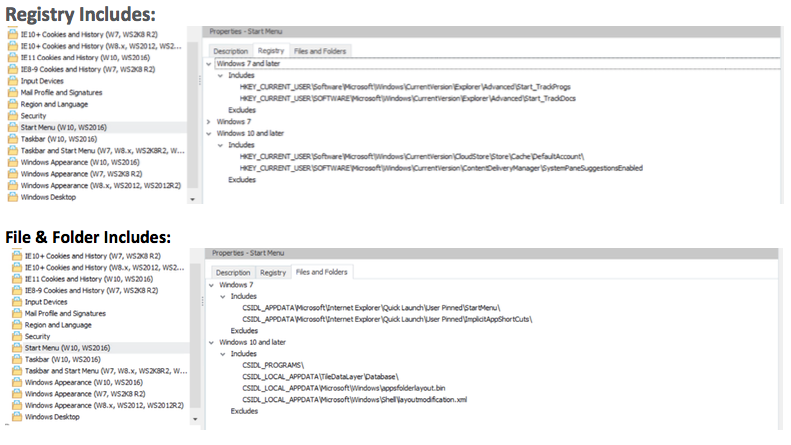 managing the windows 10 user workspace - registry includes - file and folder includes screenshot