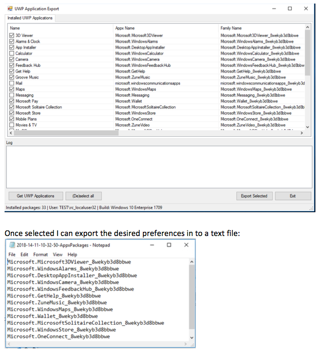 UWP application export - installed apps screenshot