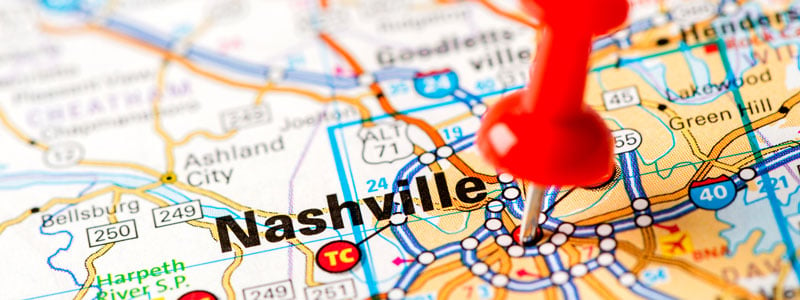 map of nashville w red pin on it
