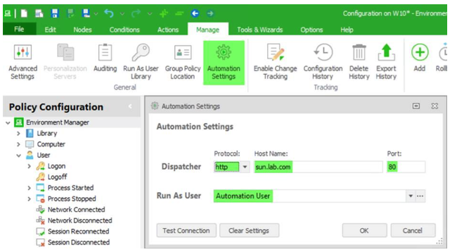 configuration on w10 - file - manage - automation settings - environment manager screenshot