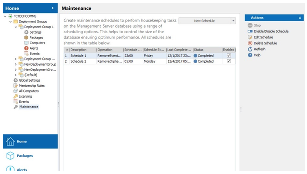 database maitenance - home - actions screenshot